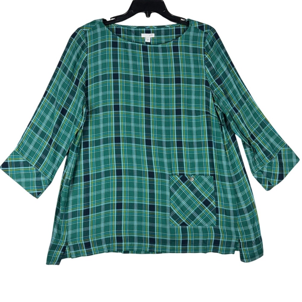 J. Jill Jade Multi Plaid Rayon Tunic Top 3/4 Sleeve Green Womens Medium NWT